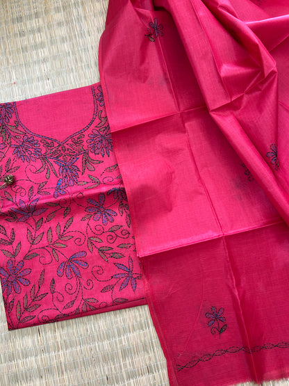 Tussar Silk Cotton Kantha Work top dupatta set