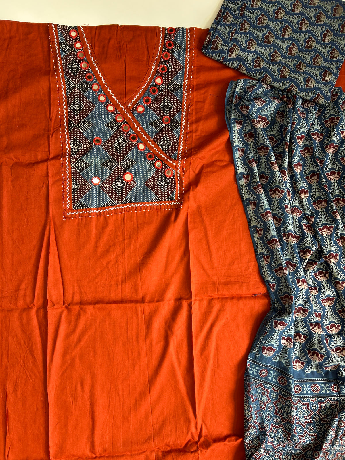 Ajrakh Cotton Dress Material with Original Mirror Work