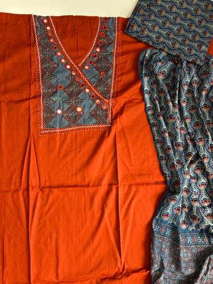 Ajrakh Cotton Dress Material with Original Mirror Work