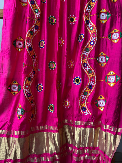 Pink Semi Modal Mirror Work and Kutchh Work Dupatta with lagdi patta