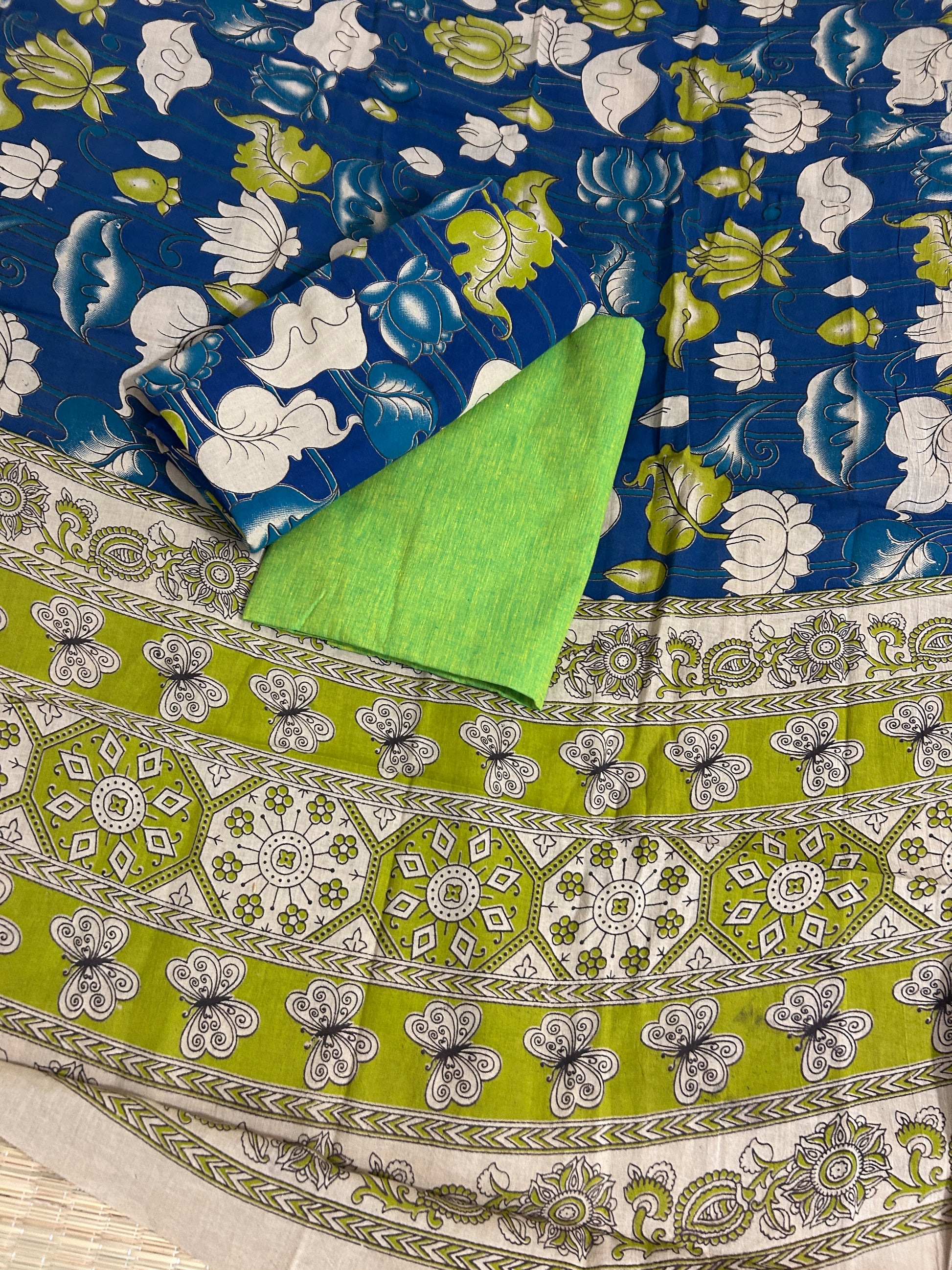 Green Blue Kalamkari Cotton Dress Material