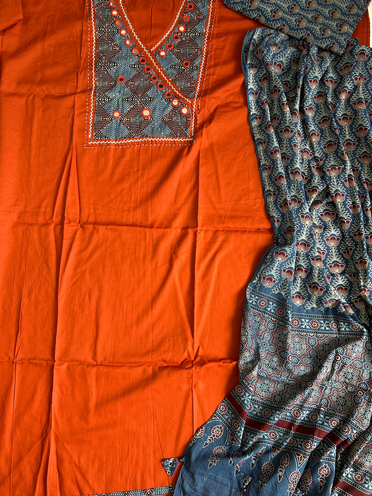 Ajrakh Cotton Dress Material with Original Mirror Work
