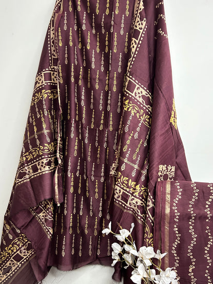 Chanderi Pure Silk Hand Blockprint Dress Material with Silk bottom
