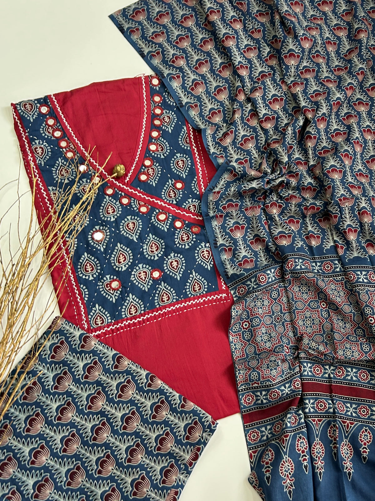 Ajrakh Cotton Dress Material with Original Mirror Work