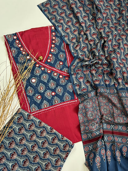 Ajrakh Cotton Dress Material with Original Mirror Work
