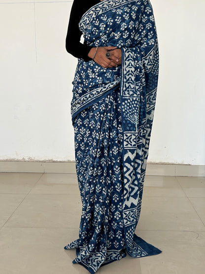 Indigo Cotton Hand BlockPrint Saree with Blouse