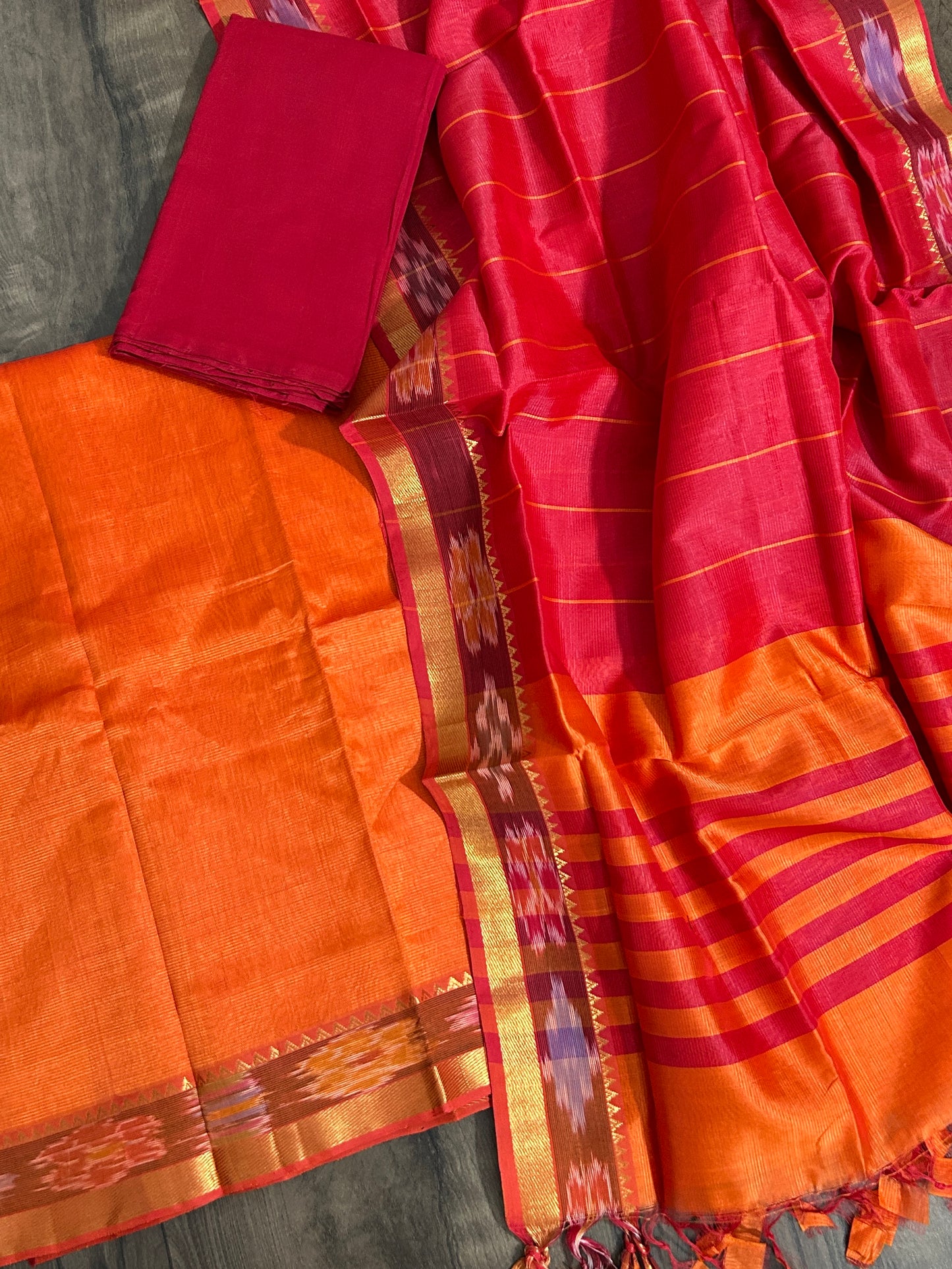 Orange Red Mangalagiri Silk Dress Material