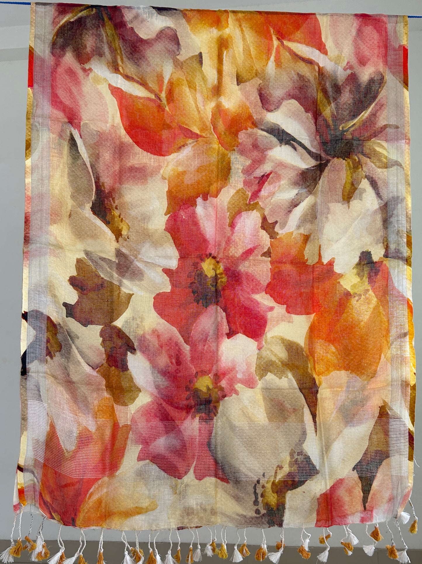 Linen Digital Print Dupatta with Silver Border and tassels