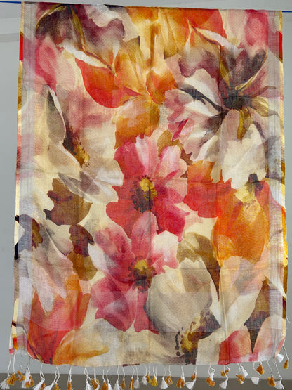 Linen Digital Print Dupatta with Silver Border and tassels