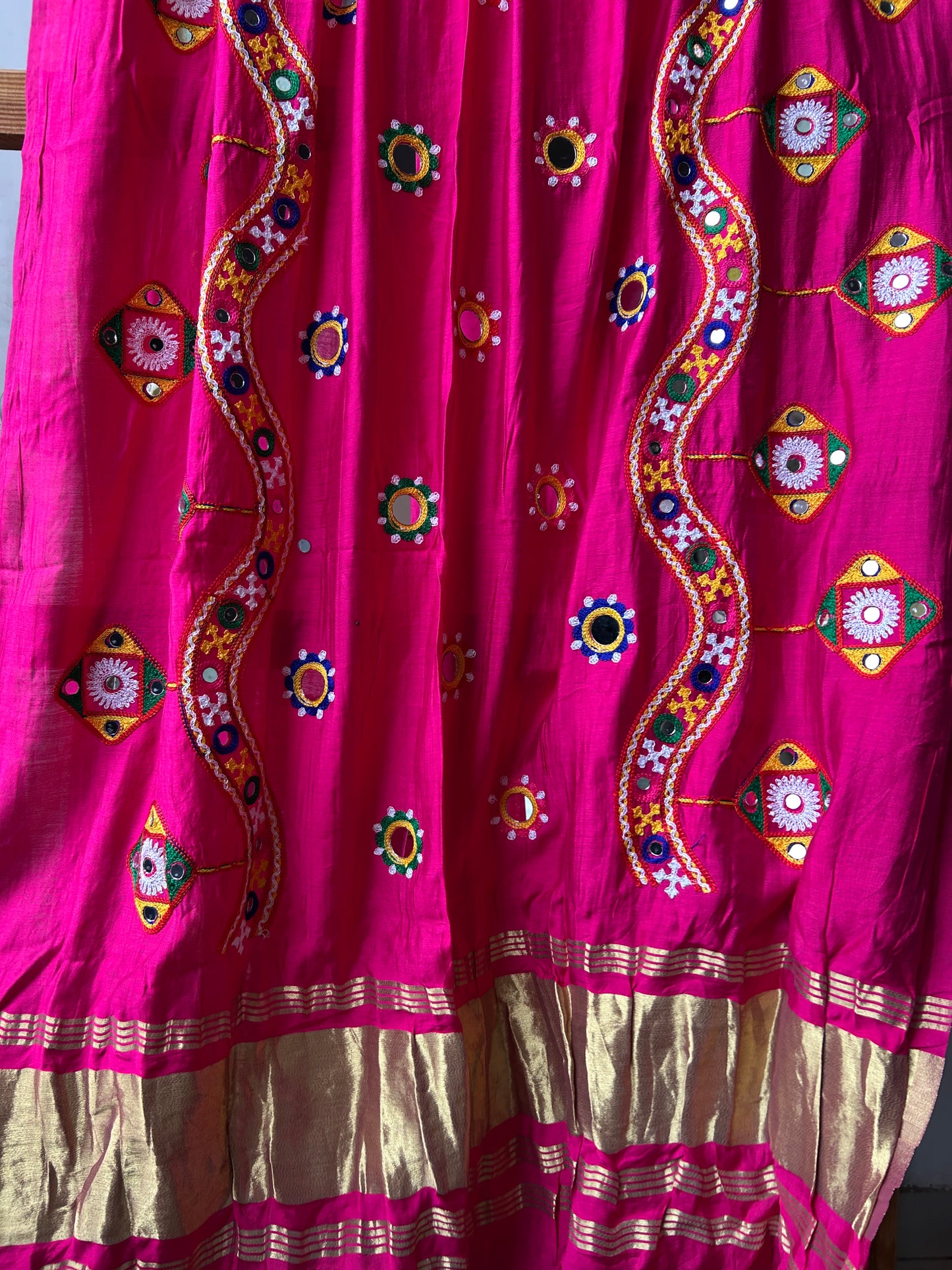 Pink Semi Modal Mirror Work and Kutchh Work Dupatta with lagdi patta
