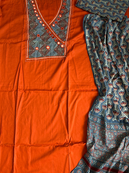 Ajrakh Cotton Dress Material with Original Mirror Work