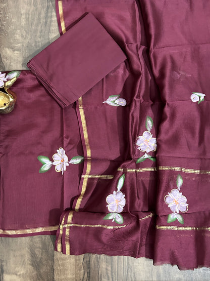 Wine Hand Painted Chanderi Silk Cotton Dress Material