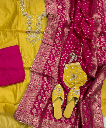 Banarasi Embroidered Dress Material with Matching Potli