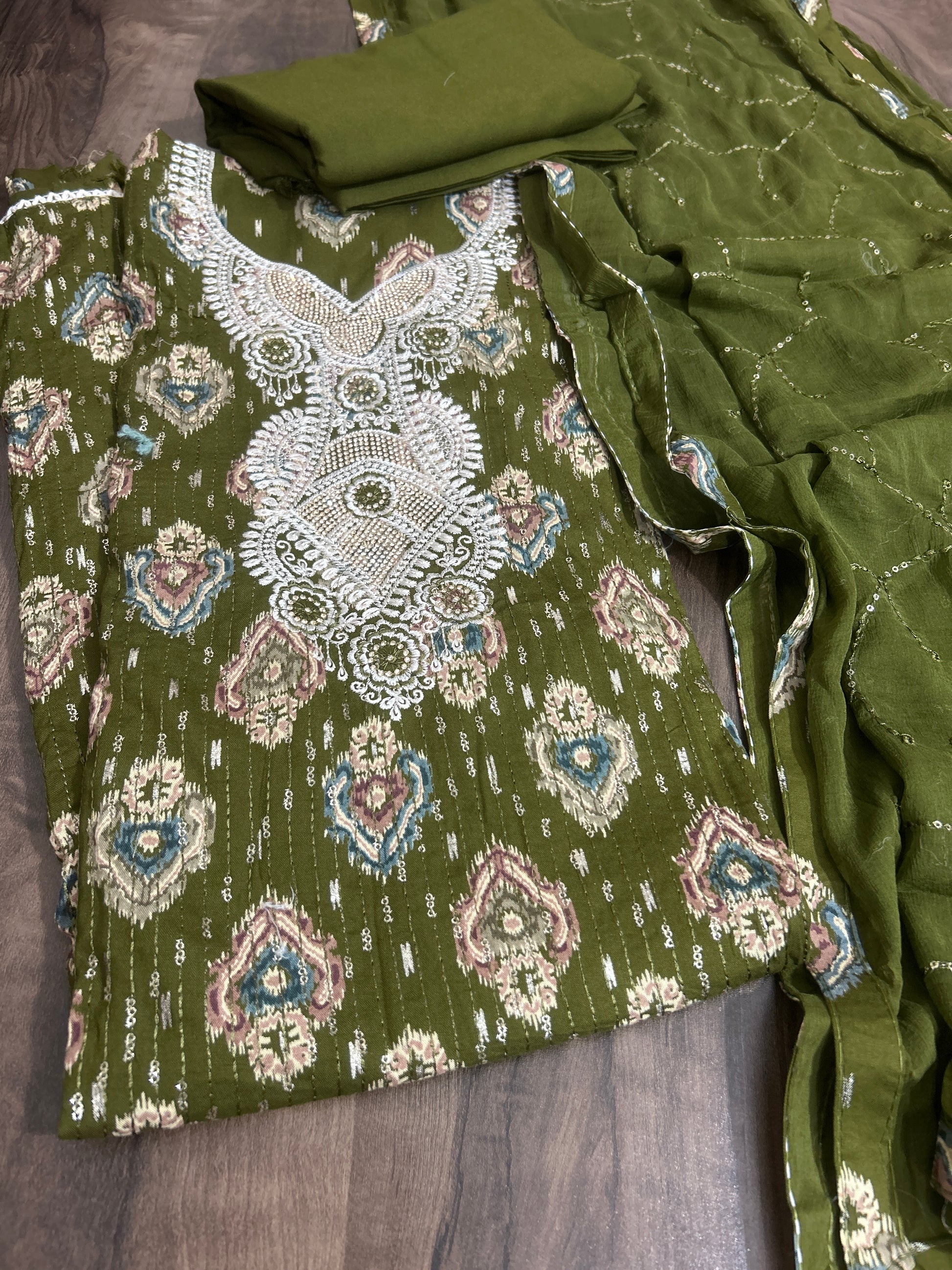 Embroidered Cotton Dress Material with Chiffon Dupatta