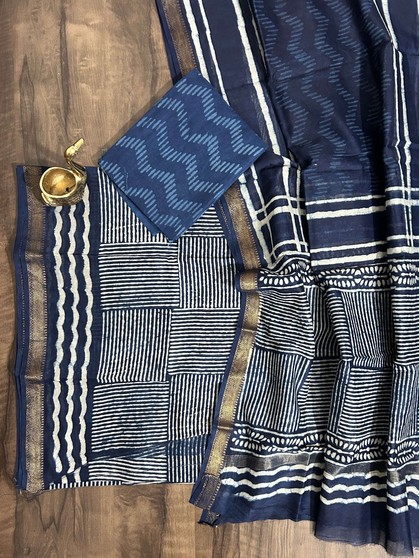 Indigo Hand BlockPrint Maheshwari Silk Cotton Dress Material