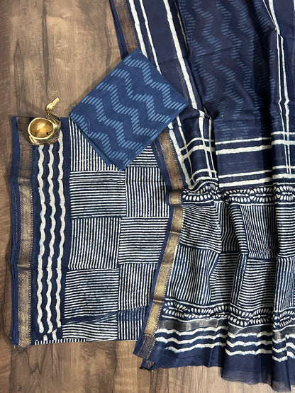 Indigo Hand BlockPrint Maheshwari Silk Cotton Dress Material
