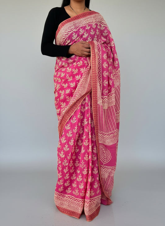 Maheshwari Cotton Hand Block Printed saree with Weaving Border