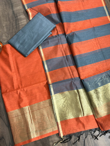 Maheshwari Silk Cotton Dress Material with Tissue pallu