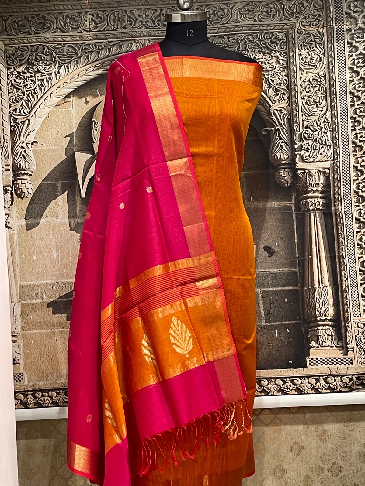 Orange Pink Maheshwari Silk Dress Material