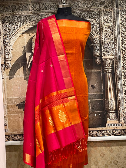 Orange Pink Maheshwari Silk Dress Material