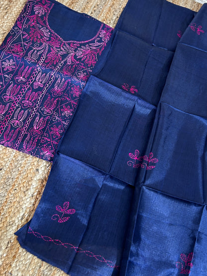 Tussar Silk Cotton Kantha Work top dupatta set