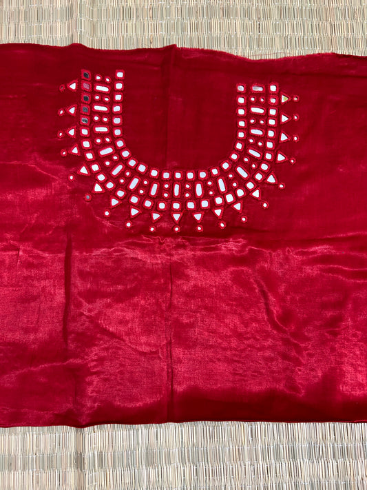 Deep red Mashroo Silk Mirror Work Blouse Piece