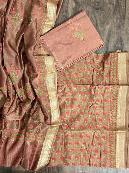 Hand Block Print Maheshwari Silk Dress Material with Shantoon Bottom