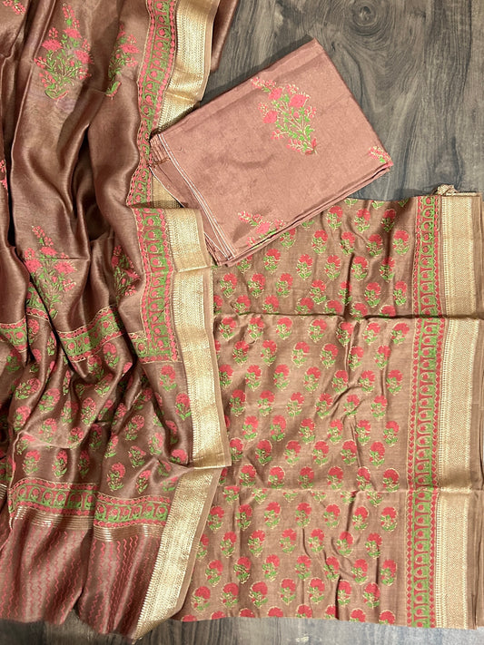 Hand Block Print Maheshwari Silk Dress Material with Shantoon Bottom