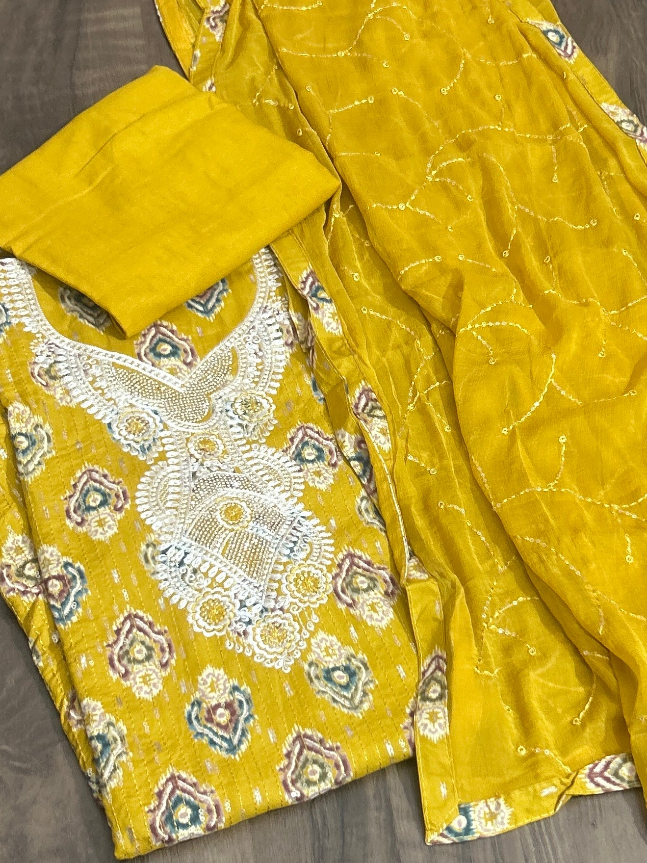 Yellow Embroidered Cotton Dress Material with Chiffon Dupatta&nbsp;