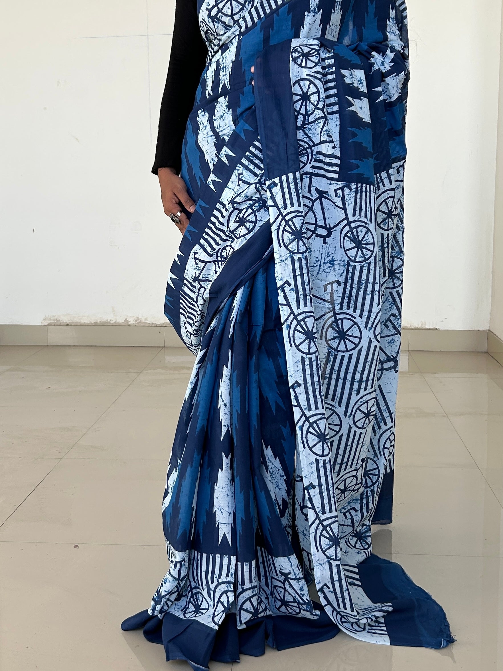 Indigo Hand BlockPrint Cotton Saree with Blouse