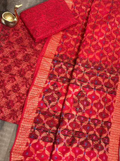 Red Bagh Print Cotton Dress Material with zari Weaving Border
