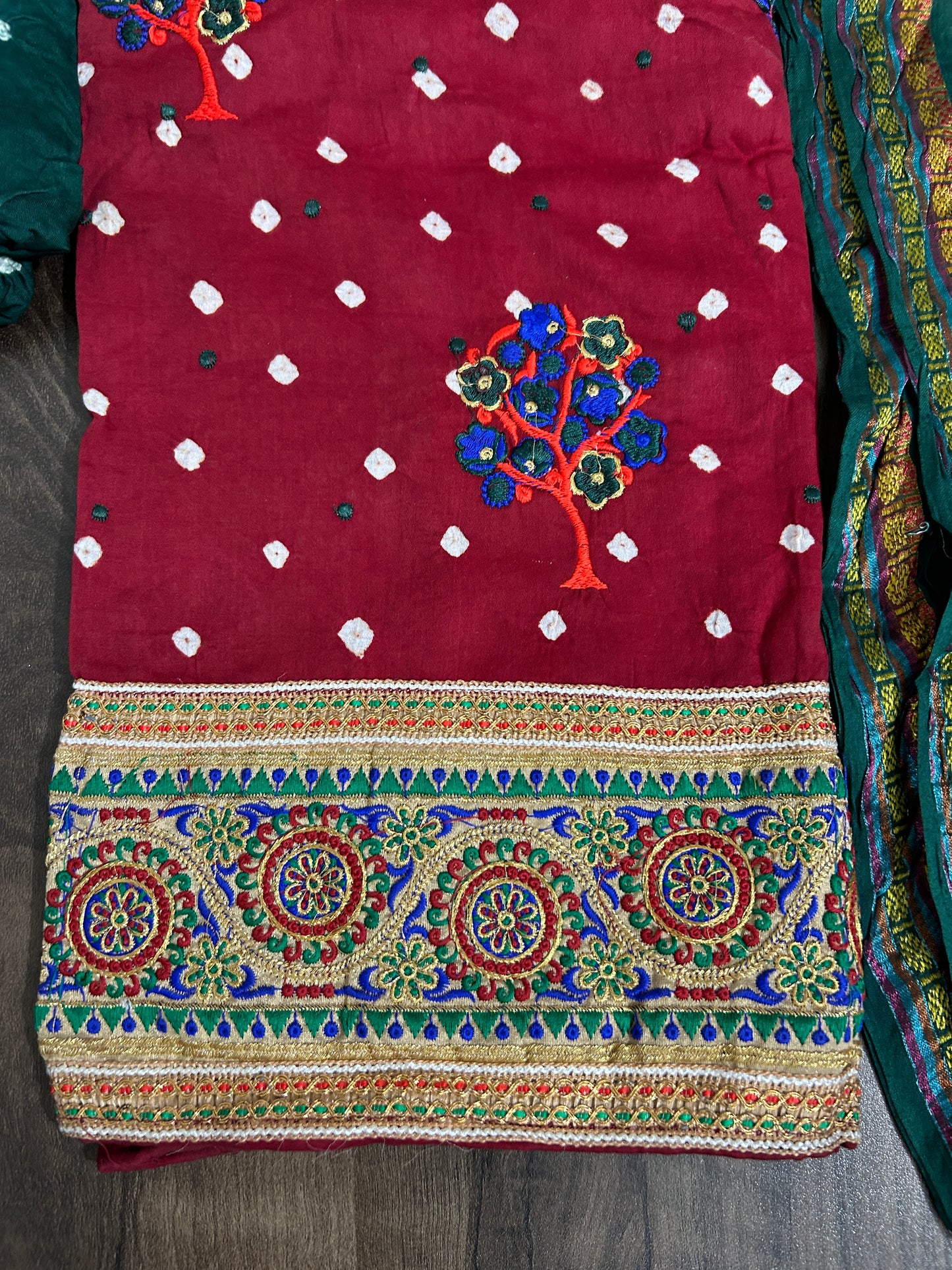 Embroidered Cotton Bandhej Dress Material