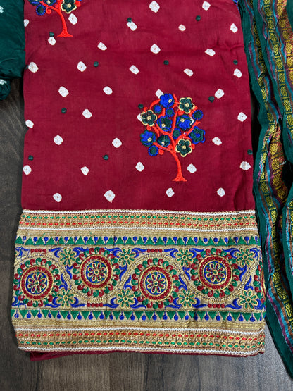 Embroidered Cotton Bandhej Dress Material