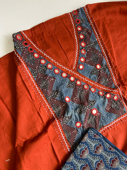 Ajrakh Cotton Dress Material with Original Mirror Work