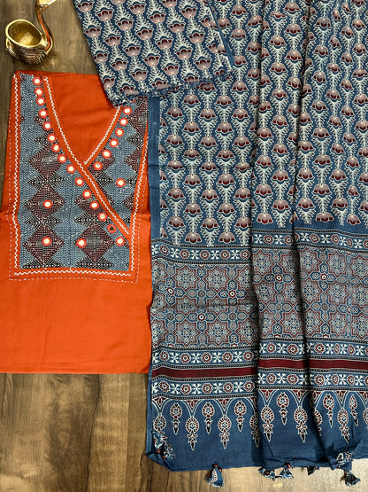 Ajrakh Cotton Dress Material with Original Mirror Work