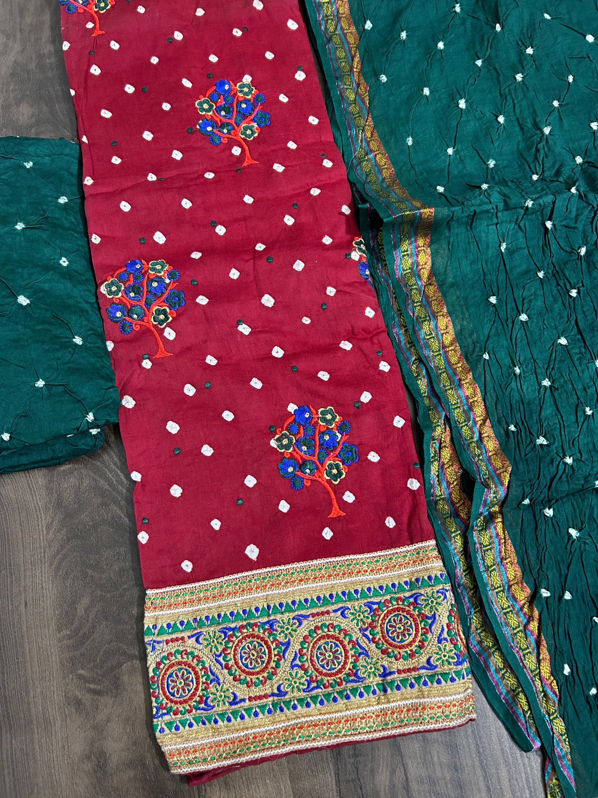 Embroidered Cotton Bandhej Dress Material