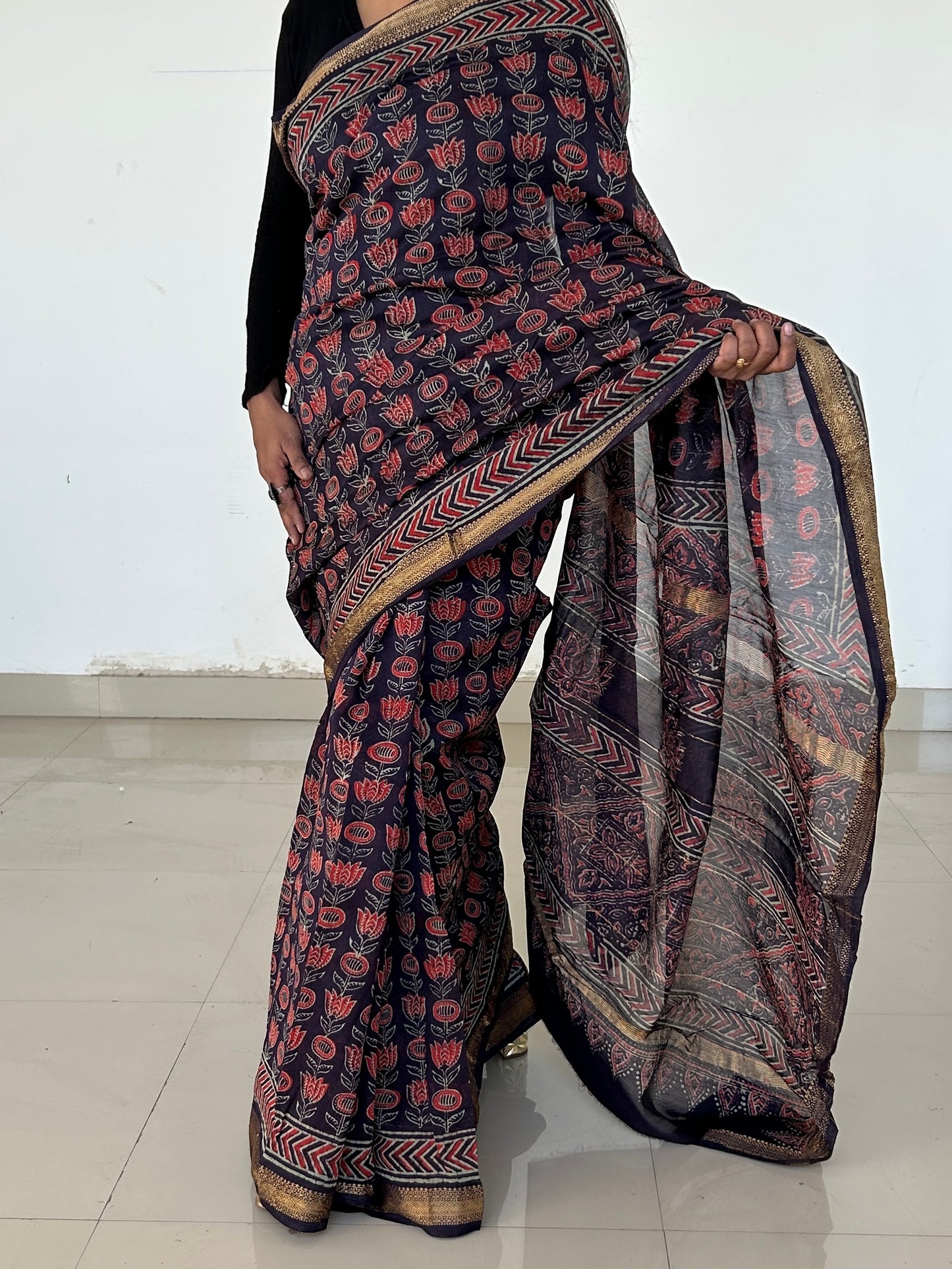 Ajrakh Hand BlockPrint Maheshwari Silk Cotton Saree with Gold zari Border *