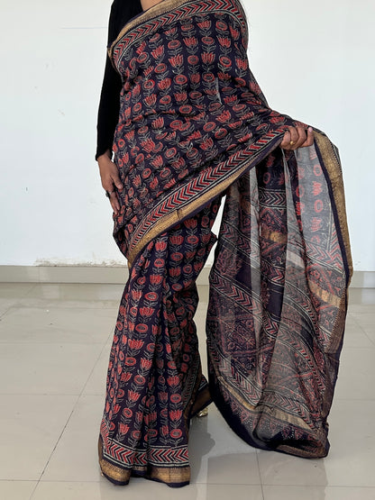 Ajrakh Hand BlockPrint Maheshwari Silk Cotton Saree with Gold zari Border *