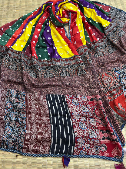 Ajrakh Bandani Patch Work Modal Silk Dupatta (D60)
