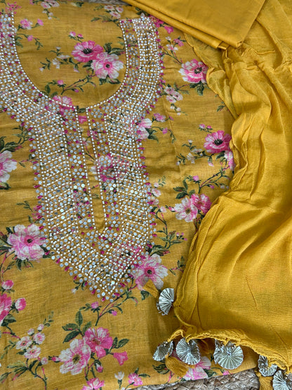 Linen Cotton Floral Print Dress Material with Handwork