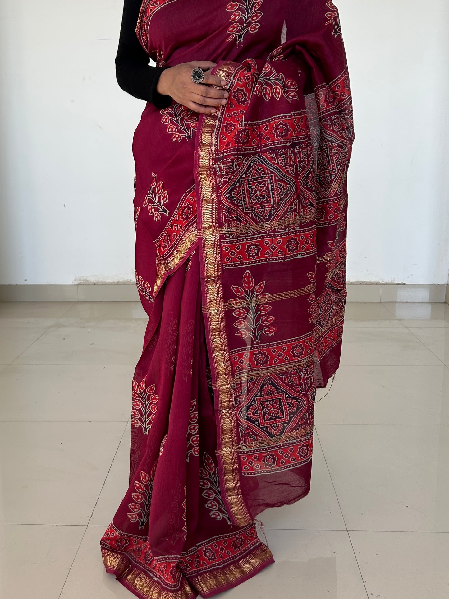 Hand Block Print Maheshwari Silk Cotton Saree *