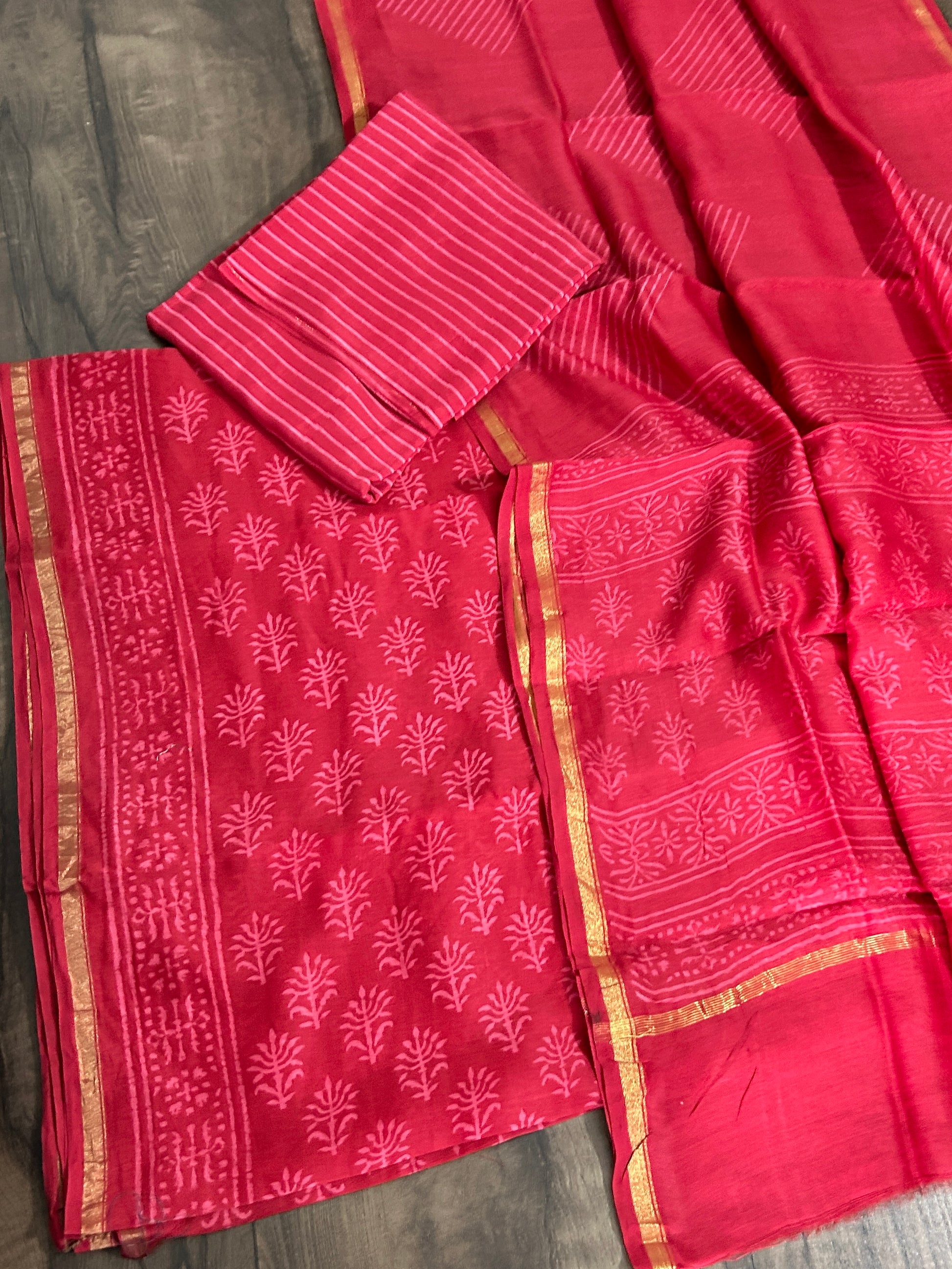 Hand Block Printed Chanderi Silk Cotton Dress Material with Shantoon Bottom