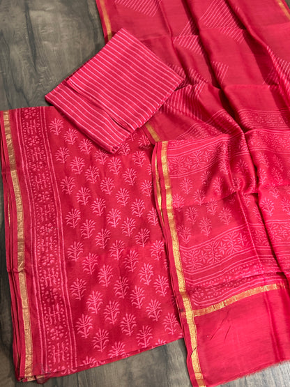 Hand Block Printed Chanderi Silk Cotton Dress Material with Shantoon Bottom