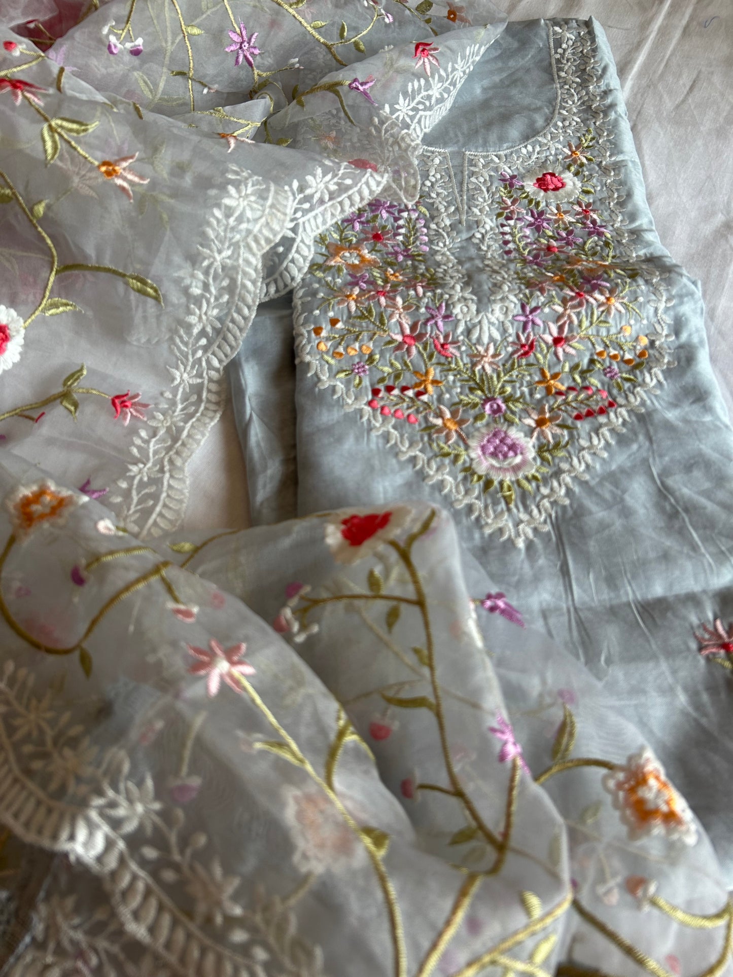 Cotton Dress Material with Embroidered Organza Dupatta