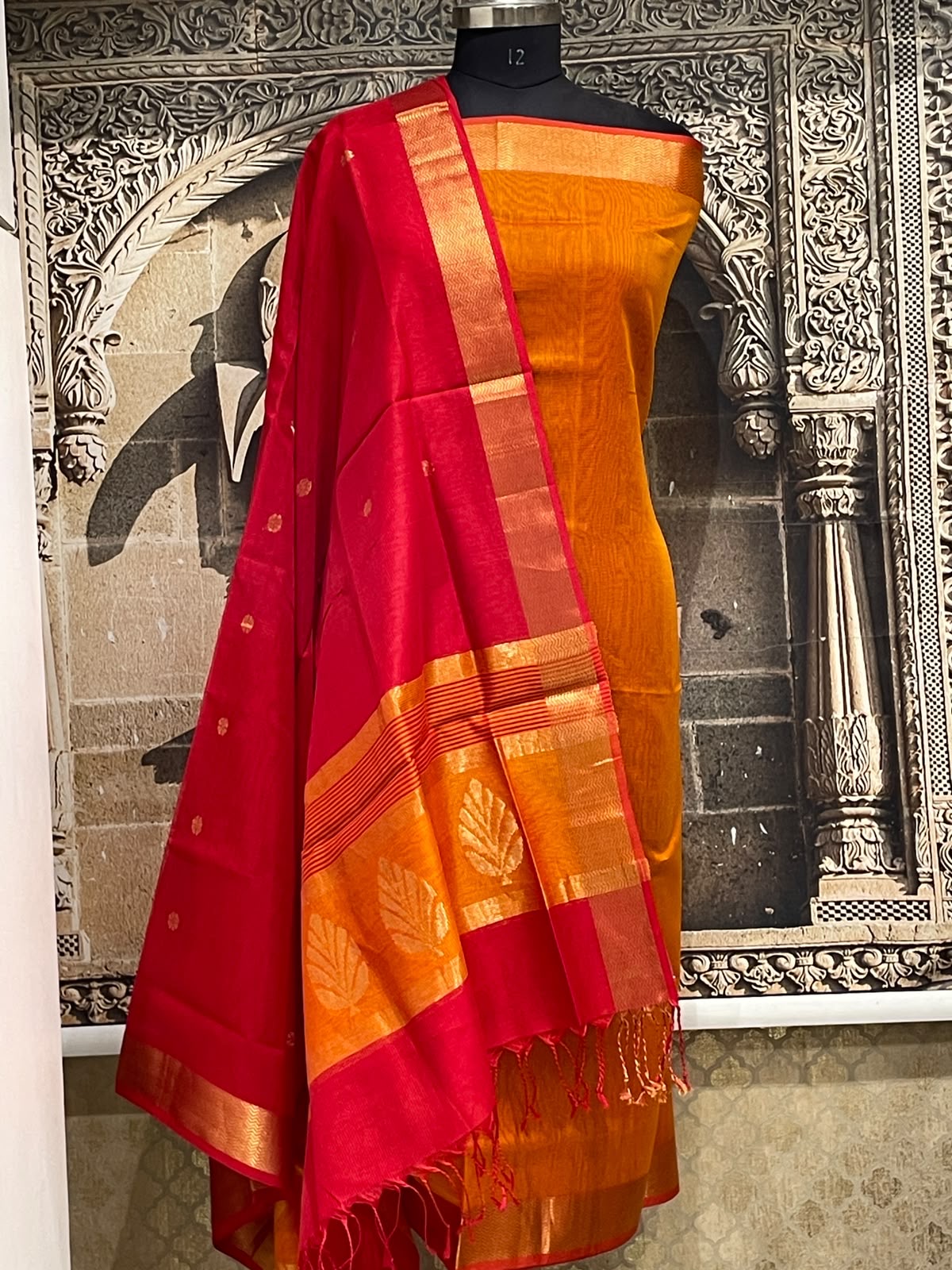 Orange Red Maheshwari Silk Dress Material