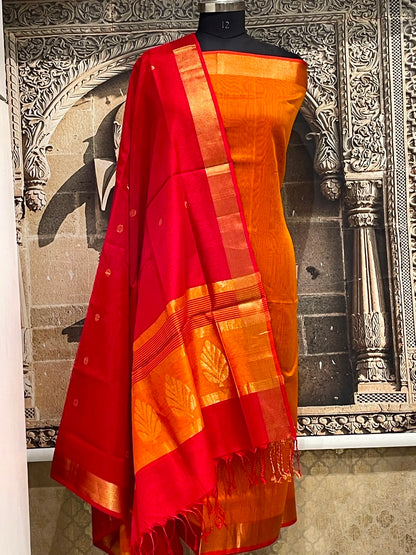 Orange Red Maheshwari Silk Dress Material