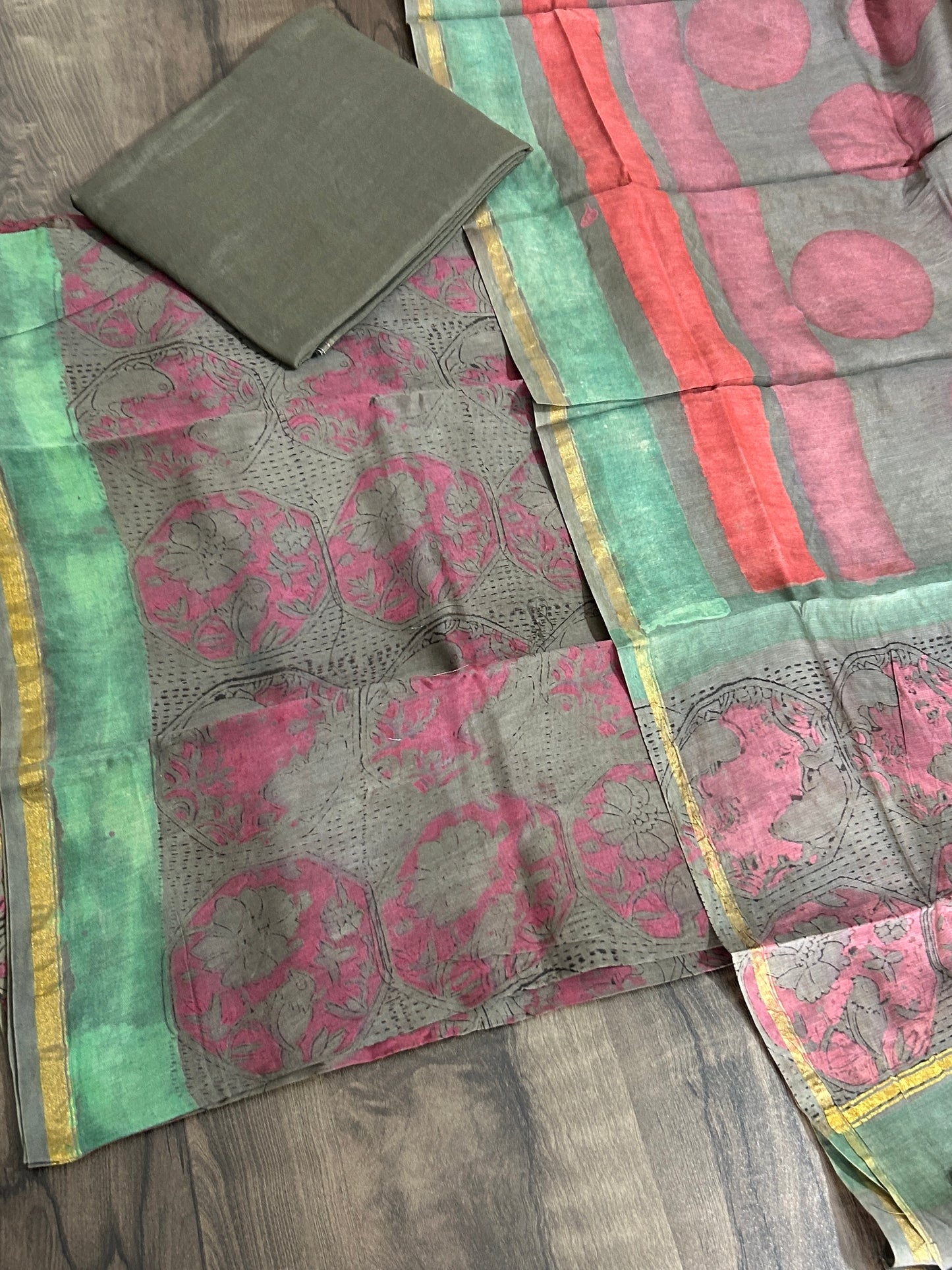 Hand Block Printed Chanderi Silk Cotton Dress Material with Shantoon Bottom