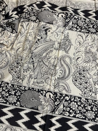 Kalamkari Hand Painted Malmal Cotton Saree with Blouse