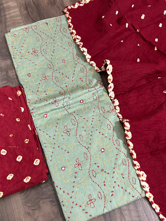 Embroidered Cotton Bandhej Dress Material