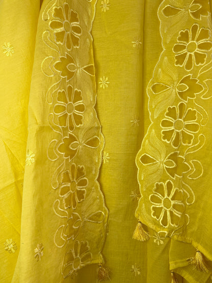 Yellow Applique Work Banarsee Dress Material